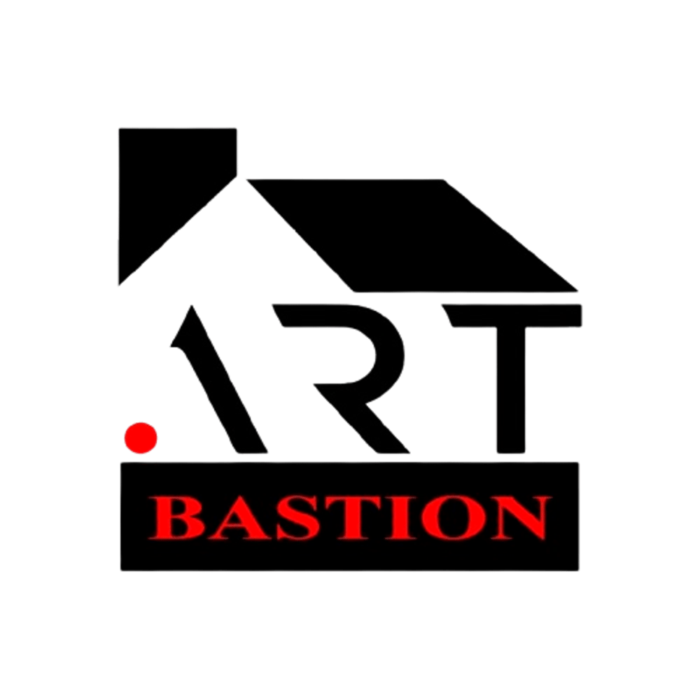 Чорний логотип "ART BASTION" з червоною крапкою та дахом будинку на темно-зеленому фоні.