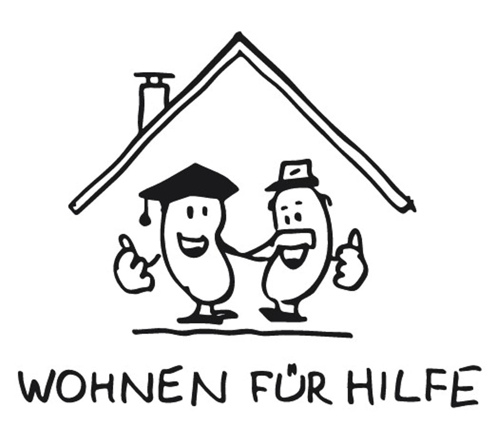 Logo von "Wohnen für Hilfe" eine Illustration einer jungen und älteren Bohne unter einem Dach