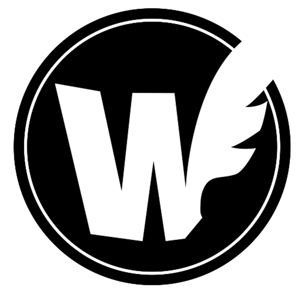 Weißes "W" mit Federflügel auf schwarzem Kreis, grüner Hintergrund.