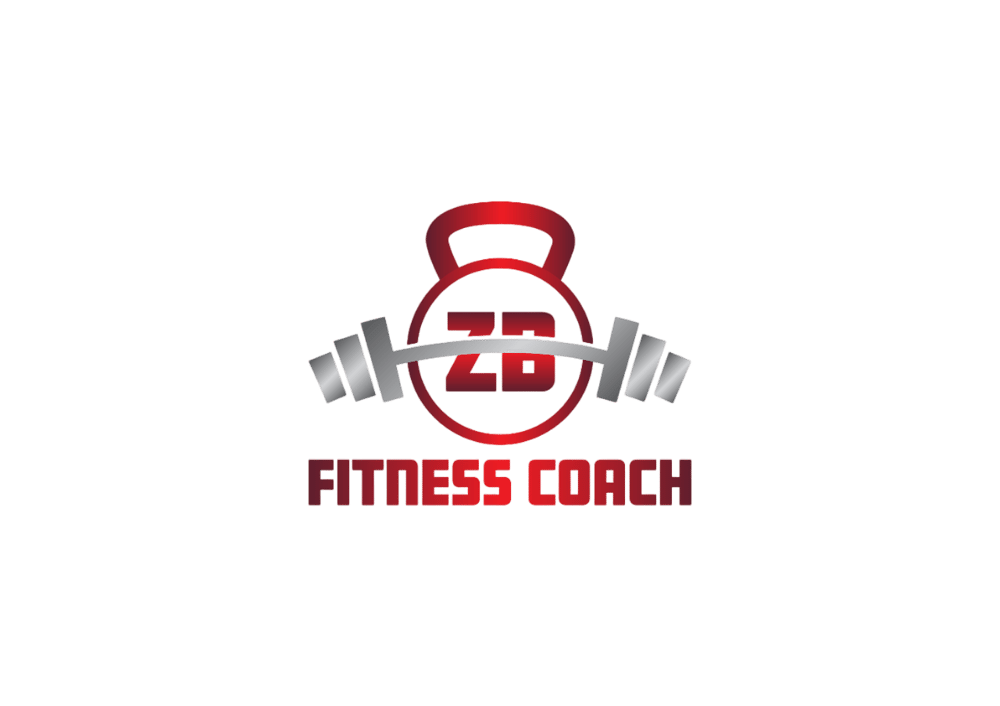 Rotes Logo mit Kettlebell, Langhantel, "ZB" und "FITNESS COACH" in roter und grauer Schrift.