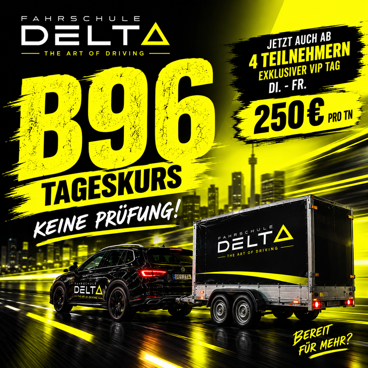 Der "Caravanführerschein" - Zuggewicht bis 4,25t bei uns in der Fahrschule DELTA zählt zu unseren 
Signature Ausbildungen und wird von Teilnehmern aus ganz Deutschland besucht. Das Beste daran ist, dass der Erwerb in einer 
Tagesschulung ohne Prüfung zum Kurspreis von 250€ bei uns in Mannheim stattfindet.