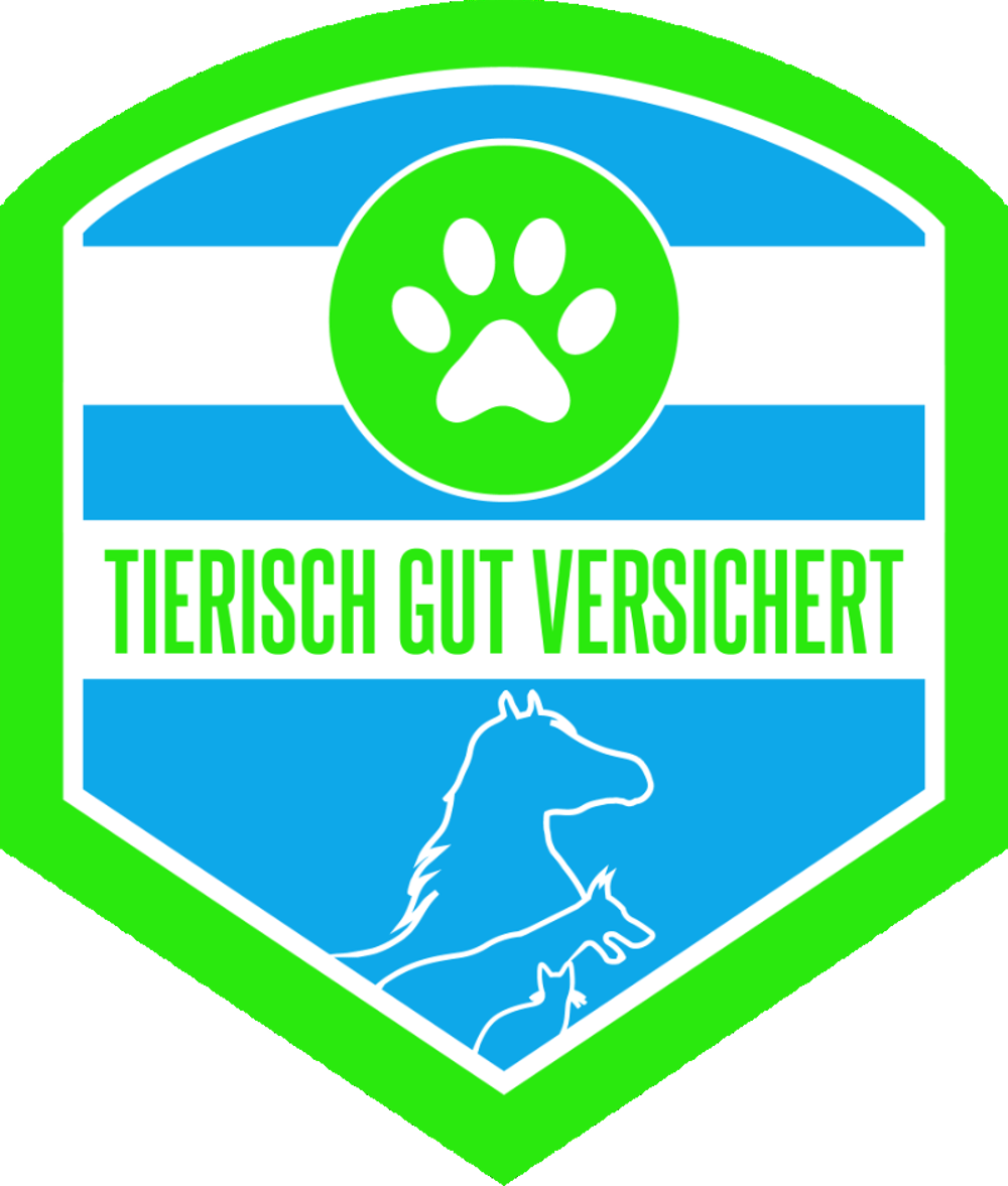 Grün-blaues sechseckiges Logo mit Pfotenabdruck, Pferd und Fuchs, Text "TIERISCH GUT VERSICHERT".