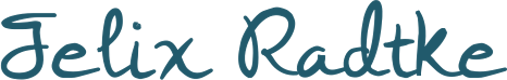 Felix Radtke Schriftzug in blauer Handschrift auf grünem Hintergrund.