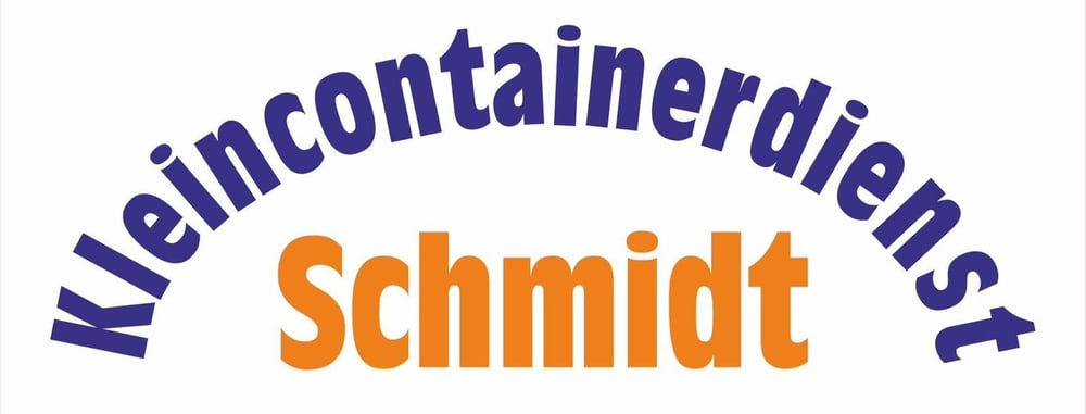 Kleiner Containerdienst Schmidt Logo mit blauem Text "Kleincontainerdienst" in einem Bogen und orangem Text "Schmidt" darunter.