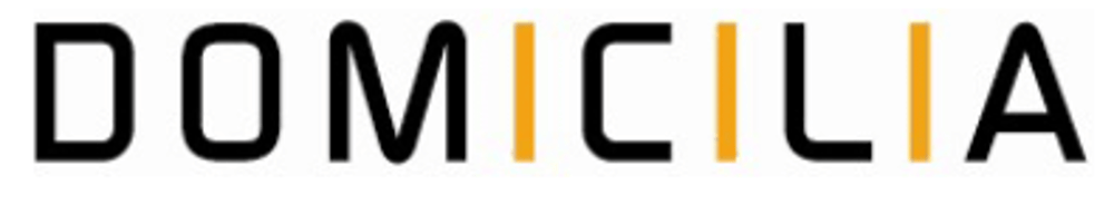 DOMICILIA-Logo mit gelben vertikalen Linien, die die Buchstaben "I" bilden.