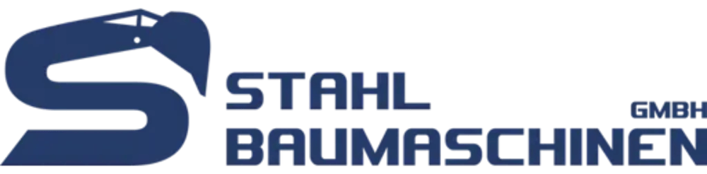 Weißes Logo mit stilisiertem „S“ und Text „STAHL BAUMASCHINEN GMBH“ auf dunkelgrünem Hintergrund.