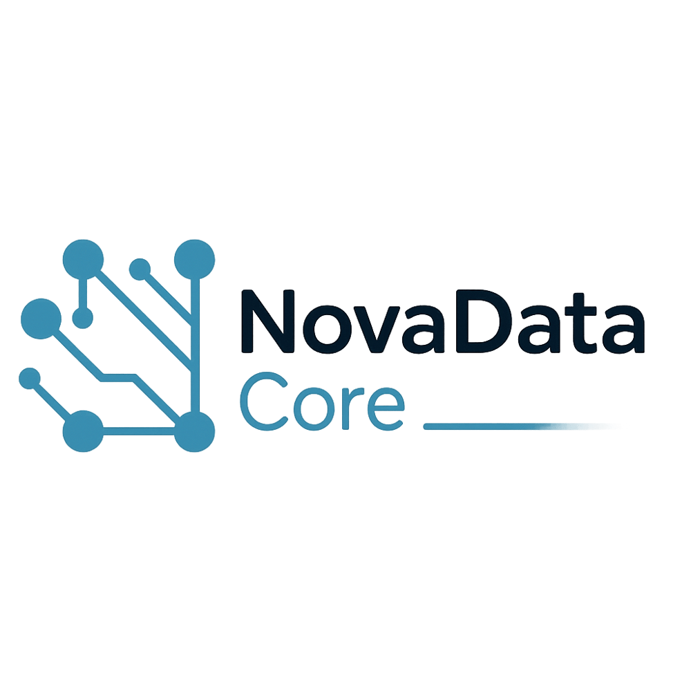 NovaData Core Logo mit blauem Netzwerk-Symbol und Text "NovaData Core" in Dunkelblau.