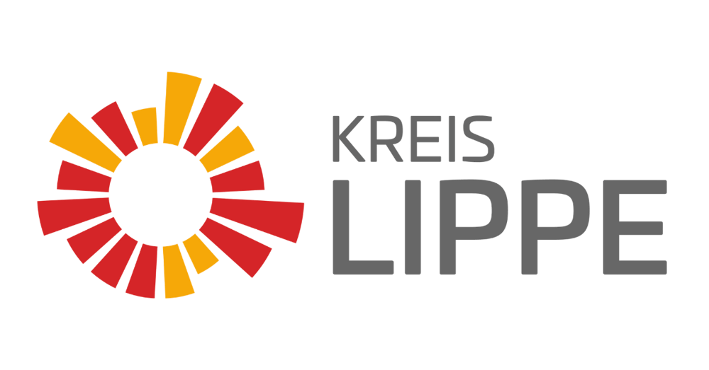 Logo von Lügde: Rote Skyline, blauer Hügel, Schriftzug "Lügde Staatlich anerkannter Erholungsort".