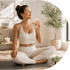 Woman in athletic wear sitting cross-legged on a yoga mat drinking water