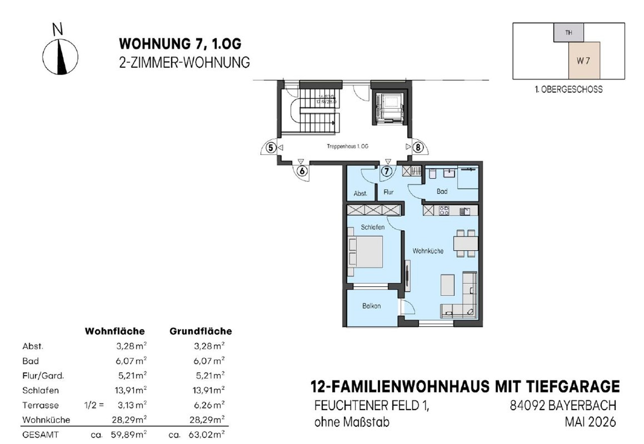 Grundriss Wohnung Nr. 7, 2-Zimmer-Wohnung im 1. Obergeschoss