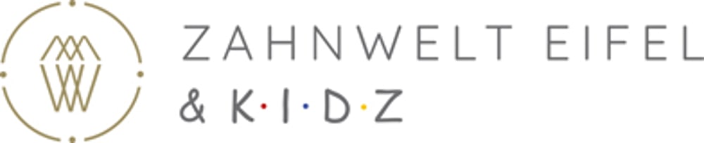 Logo von Zahnwelt Eifel & K·I·D·Z mit einem stilisierten Zahn und Bergen in einem Kreis.