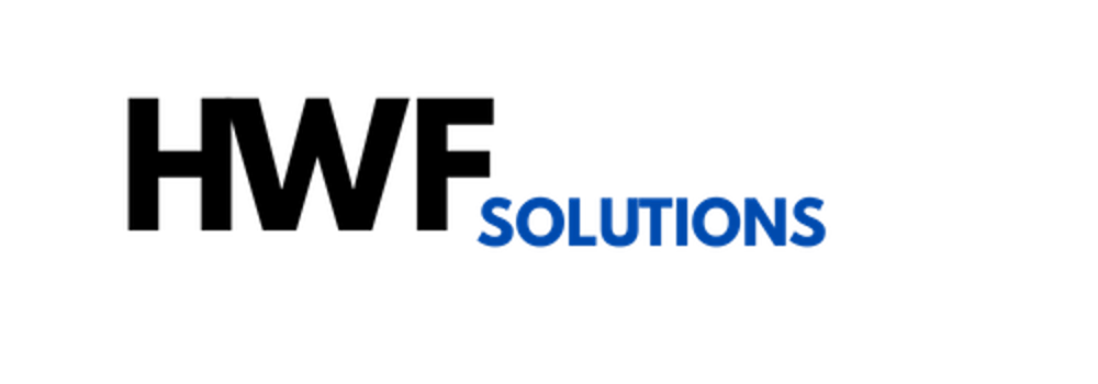 Logo mit dem schwarzen Text "HWF" und dem blauen Text "Solutions".
