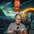 A man in a plaid shirt reads a book, superimposed on a fantasy landscape with "WORLDS WITHOUT END" and a banner.