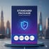 3D-Darstellung eines blauen "Standard Package" Pakets für Zahlungsintegrationen. Auf der Vorderseite ist ein Sicherheitsschild-Logo zu sehen. Am unteren Rand sind die Logos der Zahlungsanbieter Klarna, Amazon Pay, Google Pay und Apple Pay abgebildet.