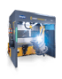 Graues robotisches Schweißsystem "demmeler COBOT WeldSpace 4.0" mit hellem Schweißlicht.