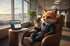 Ein Fuchs in einem Hoodie sitzt in einem Sessel in einer Flughafenlounge, hält ein Glas Champagner und schaut auf einen Laptop.