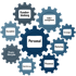 Illustration von Zahnrädern mit Begriffen zu Mitarbeitergewinnung, Kundengewinnung, Marketing, Digitalisierung und Rentabilität für Tierärzte