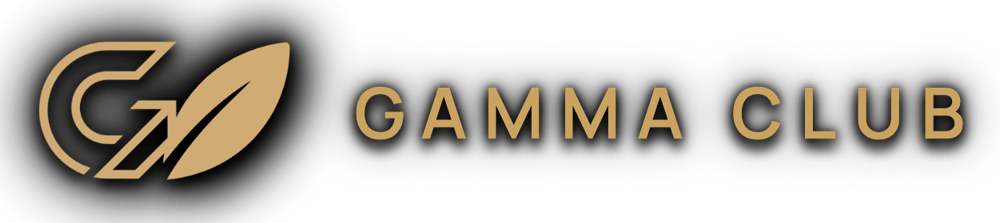 Goldenes Gamma Club Logo mit einem stilisierten G und einem Blatt-Symbol auf schwarzem Hintergrund.