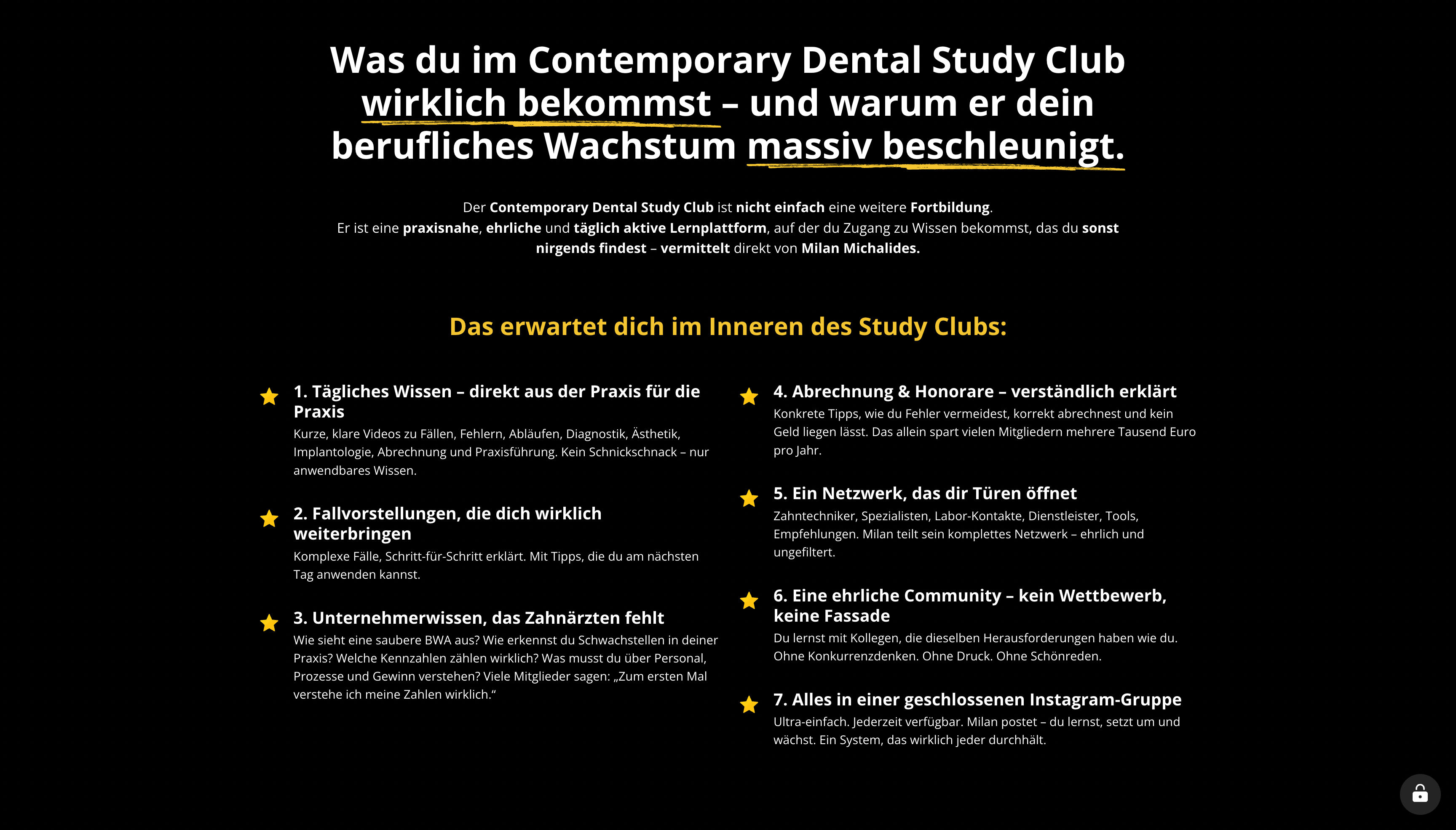 Benefits und Inhalte des Contemporary Dental Study Club auf der Landingpage