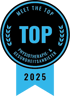 Siegel Meet the Top 2025 für Top Physiotherapie- & Gesundheitsanbieter in Blau und Schwarz mit Lorbeerkranz.