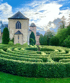 Grünes Heckenlabyrinth vor einem historischen Steingebäude unter blauem Himmel mit Wolken.