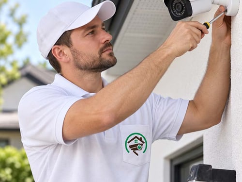 A security technician mounting a device on an interior wall