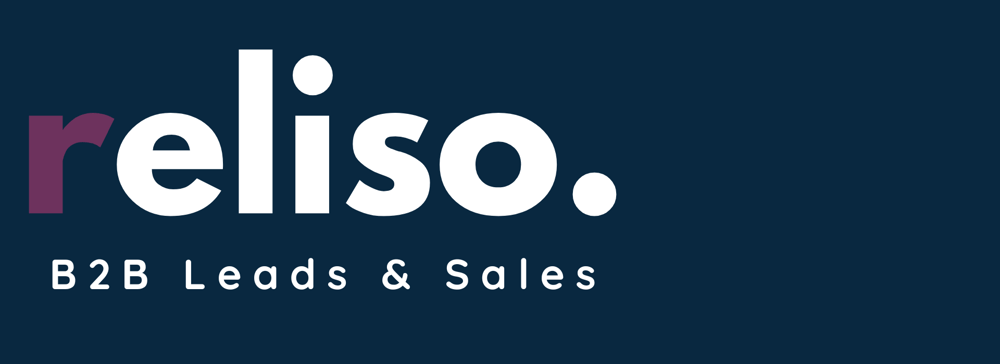 Reliso. B2B Leads & Sales Logo in Weiß und Lila auf dunkelblauem Hintergrund.