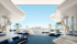 Modern luxury lounge with blue seating, white curved architecture, and a view of a stadium across water.