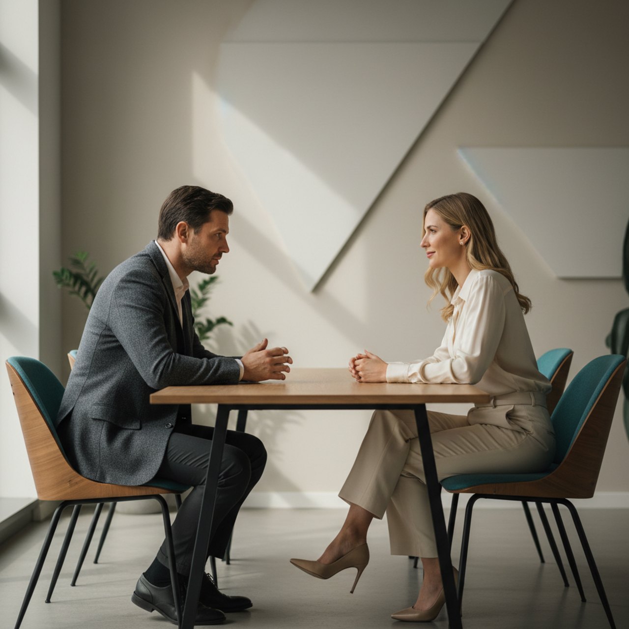 A focused one on one leadership conversation between two professionals