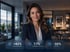 Lächelnde Businessfrau vor Statistiken zu Eigentümeranfragen (+62%), Conversion (7,7%) und Absprüngen (-32%).