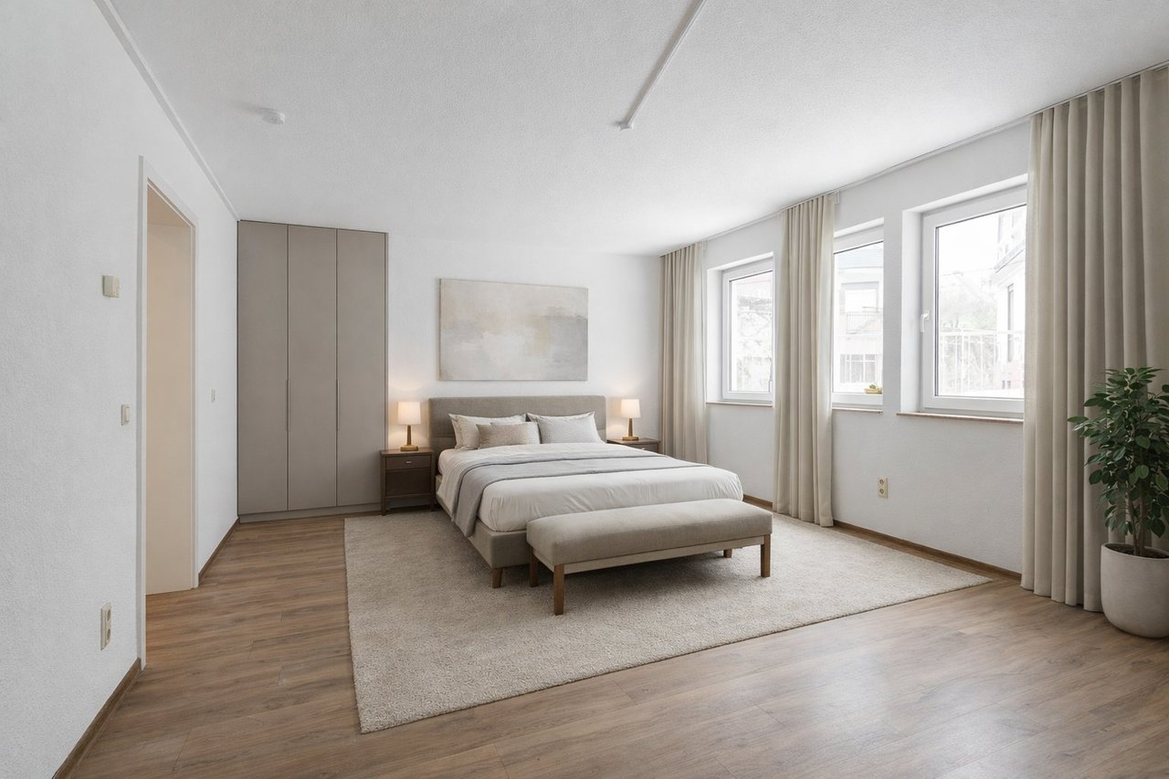 Virtuell eingerichtetes Schlafzimmer einer vermarkteten Immobilie