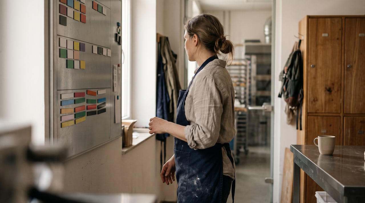Bäckereifachverkäuferin betrachtet am frühen Morgen einen Wandplaner im Aufenthaltsraum einer Handwerksbäckerei.