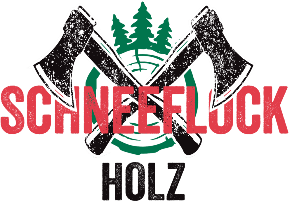 Gekreuzte Äxte vor Tannenbäumen mit Text "SCHNEEFLUCK HOLZ" in Rot und Schwarz.