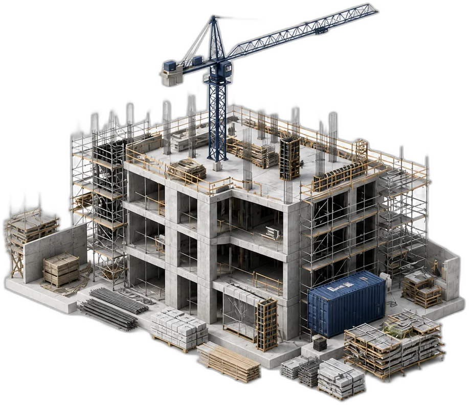 Rohbau mit Baukran als 3D-Modell
