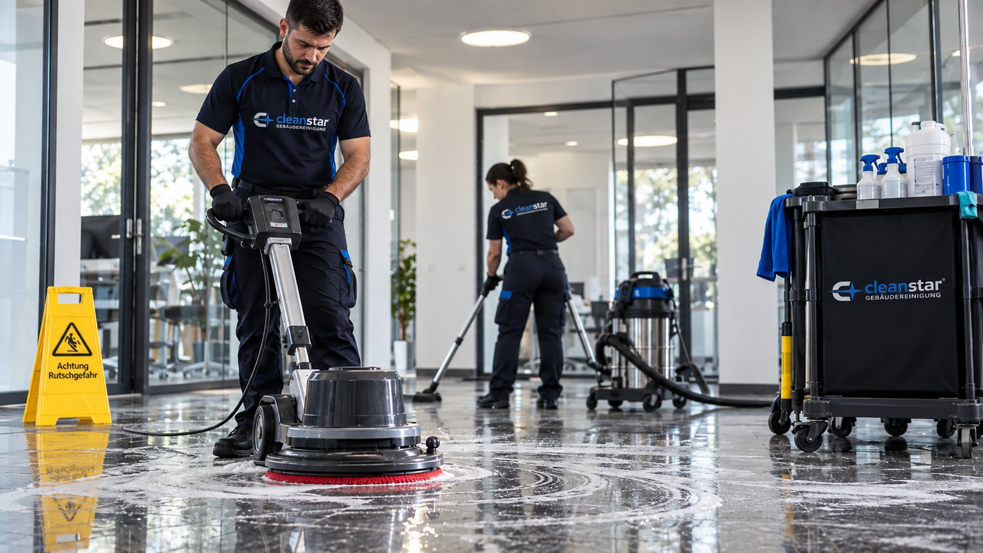 Reinigungsmaschine auf einer großen Hallenfläche