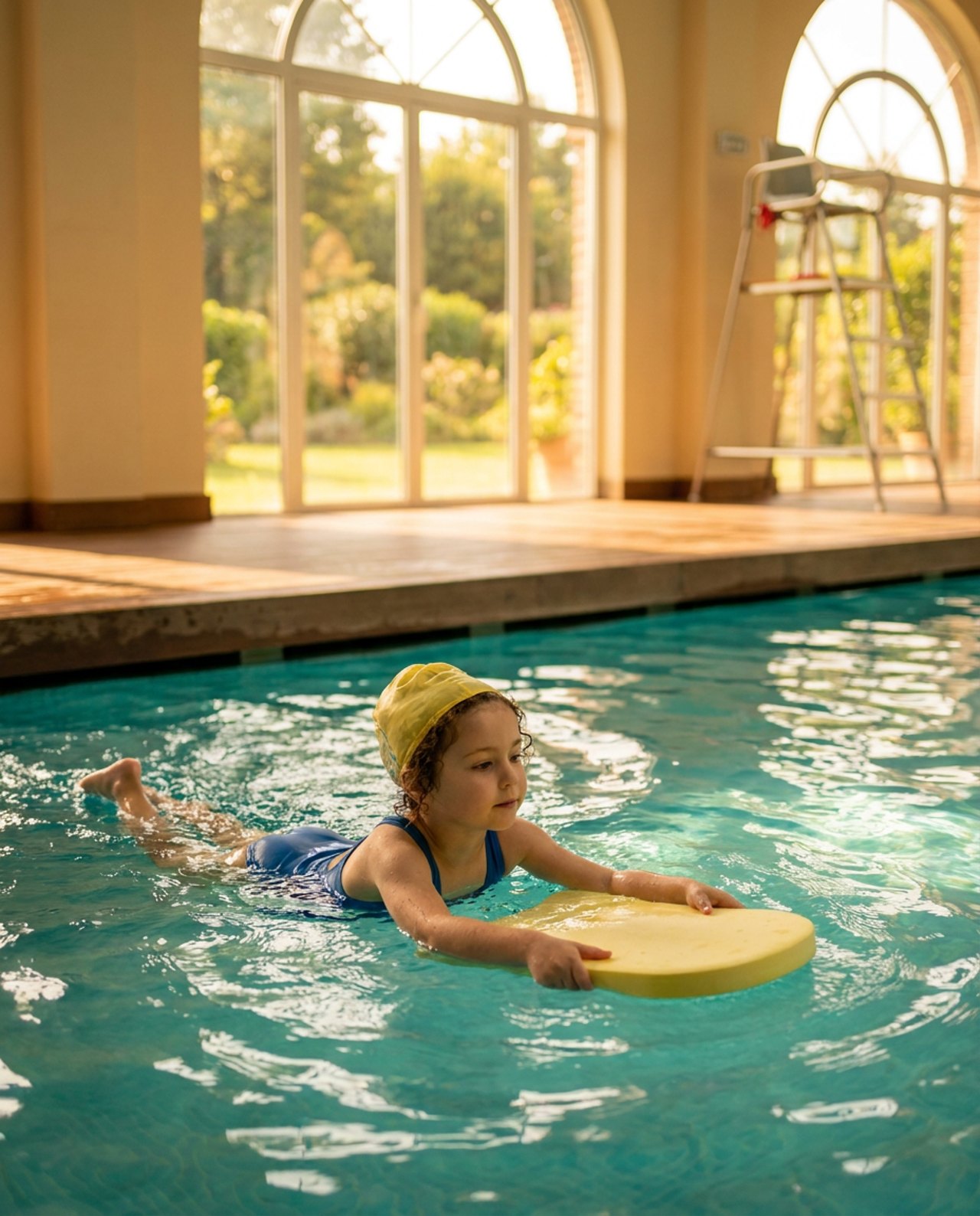 Kind schwebt entspannt im klaren Wasser