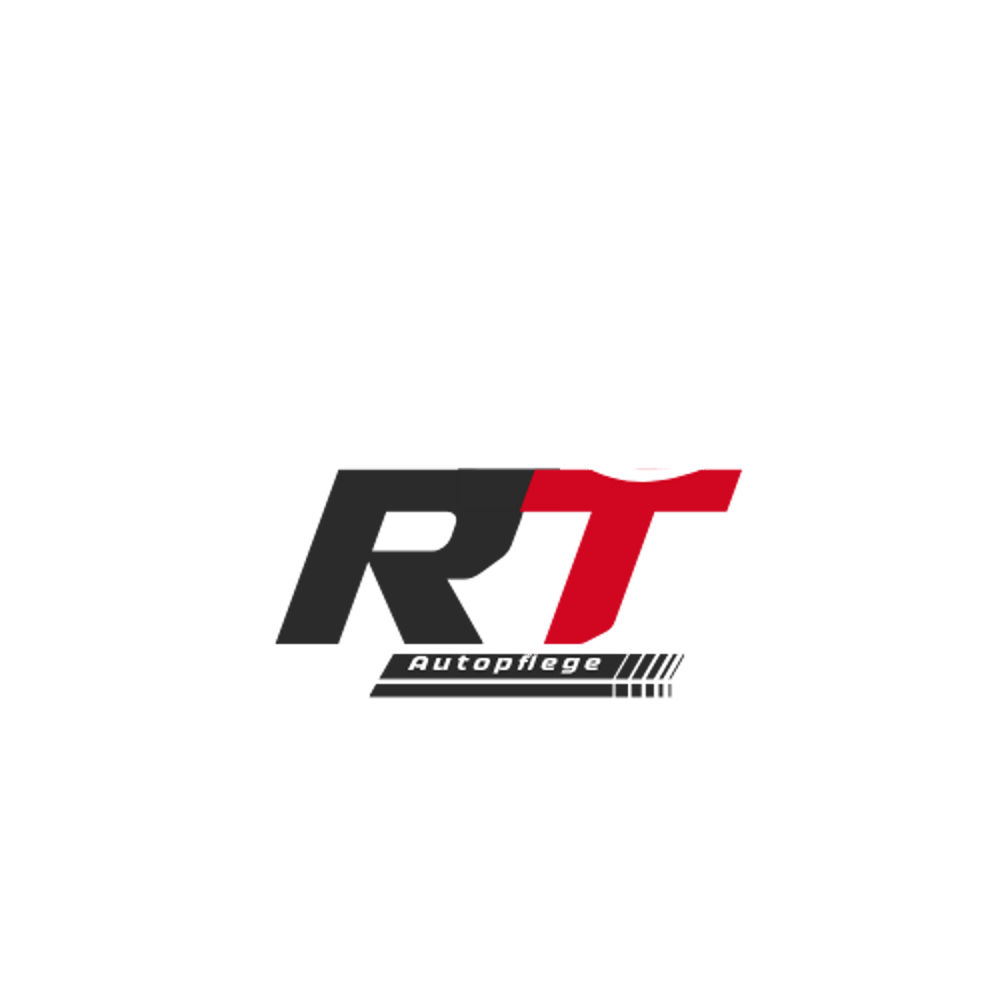 Logo mit weißer Auto-Silhouette, darunter "RT" in Schwarz und Rot, und "Autopflege" in Weiß auf dunklem Balken.