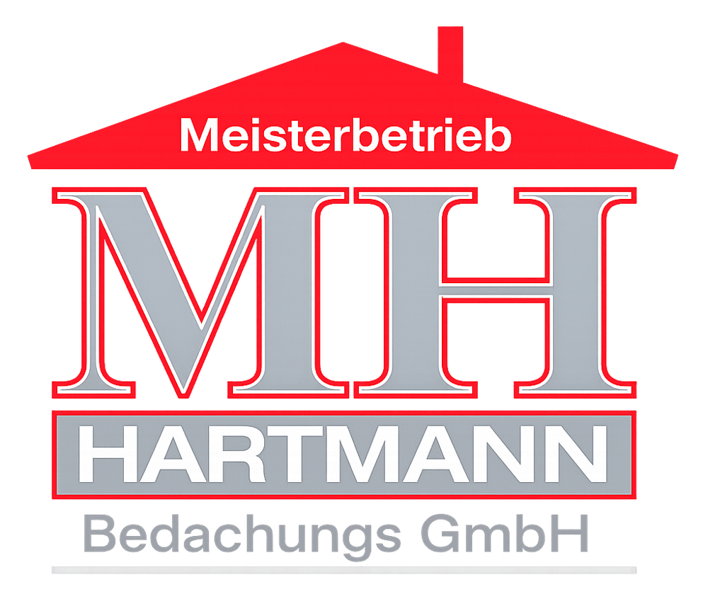 Firmenlogo MH Hartmann Bedachungs GmbH mit rotem Dach und Text "Meisterbetrieb"