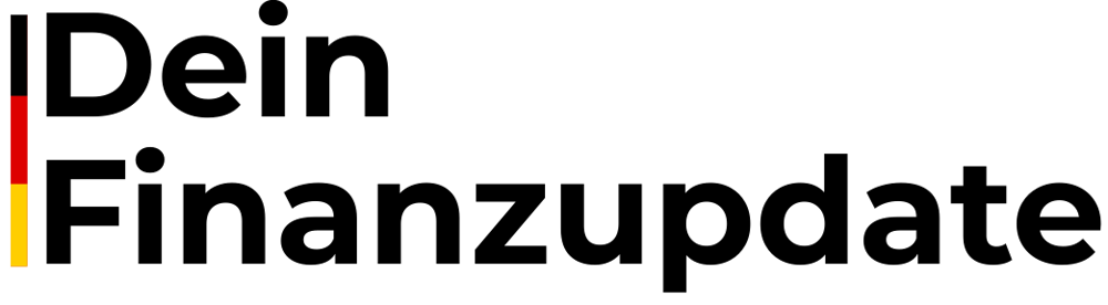 Logo mit dem Text "Dein Finanzupdate" in Schwarz auf grünem Hintergrund, mit einem vertikalen Streifen in Schwarz, Rot und Gold links.