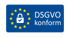 Blaues Rechteck mit goldenen Sternen, Vorhängeschloss und Häkchen, daneben "DSGVO konform" in Gold.