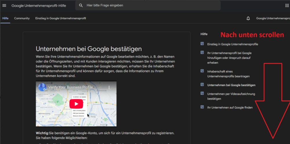 Google Hilfe-Seite „Unternehmen bei Google bestätigen“