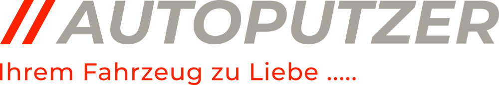 Logo "AUTOPUTZER" in Grau mit drei roten Strichen und Text "Ihrem Fahrzeug zu Liebe..." in Rot auf dunkelgrünem Grund.