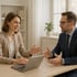Zwei Geschäftspartner, eine Frau und ein Mann, sitzen an einem Tisch und unterhalten sich.