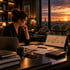 Frau am Schreibtisch bei Sonnenuntergang vor einem Kalender, der das Jahr 2027 mit einem roten Kreis markiert.