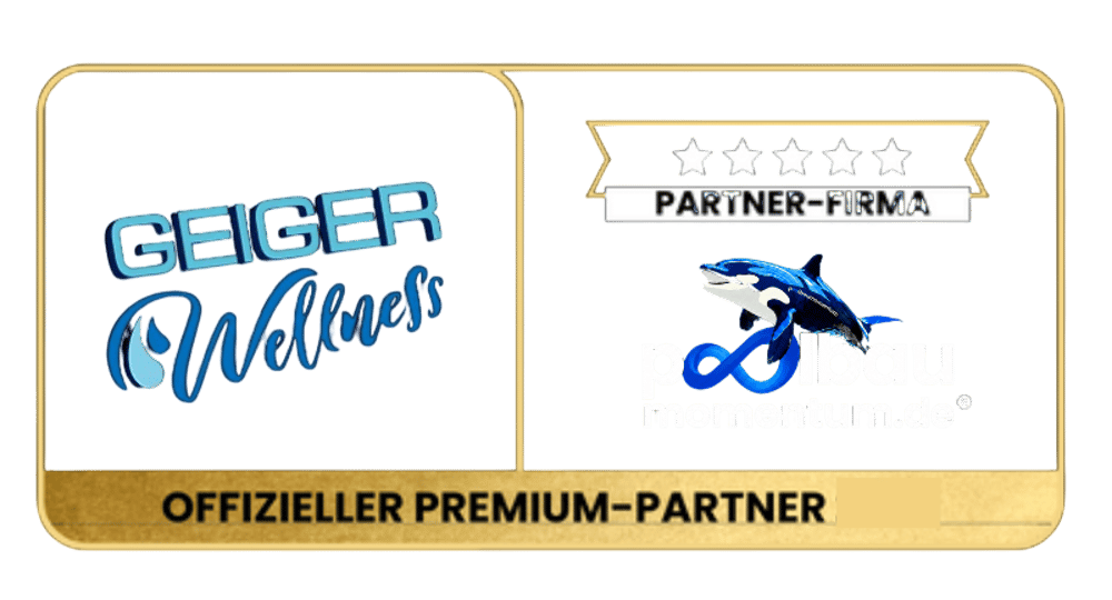 Geiger Wellness Logo, Partner-Firma mit 5 Sternen, Poolbau- momentum.de Logo, Text Offizieller Premium-Partner auf goldfarbenem Banner.