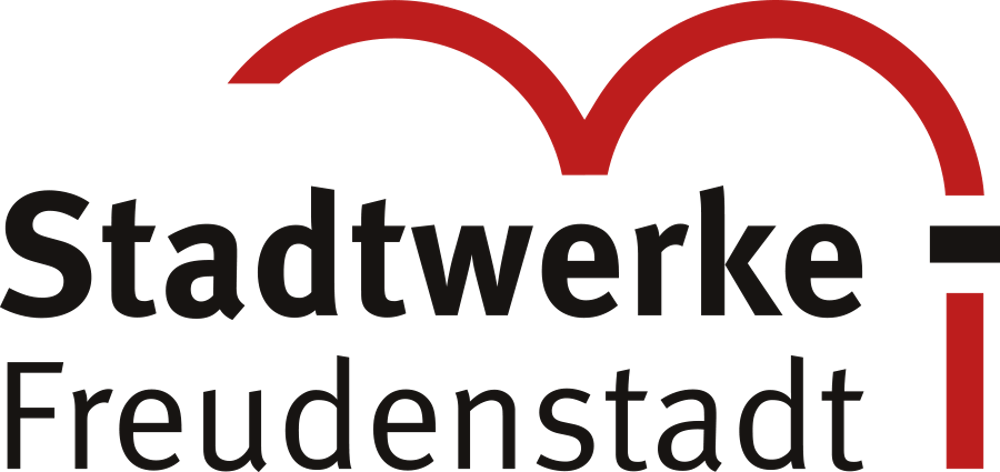 Schwarzer Text "Stadtwerke Freudenstadt" mit roter, geschwungener Linie und vertikalem Strich.