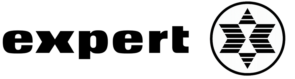 Schwarzer "expert"-Schriftzug neben einem runden Logo mit zwei horizontal gespiegelten, sechszackigen schwarzen Sternen.