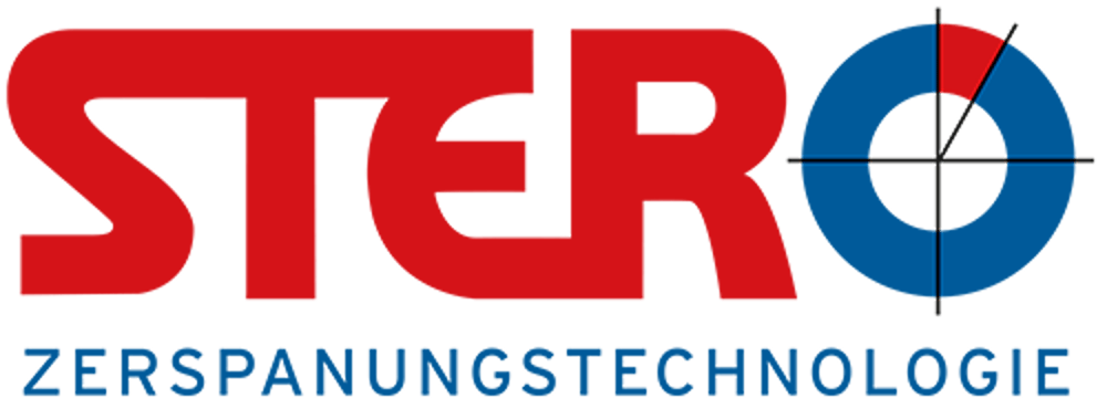 Logo von STERO ZERSPANUNGSTECHNOLOGIE, roter Text oben, blauer Text unten, mit blauem Kreis und rotem Segment.