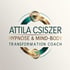 Logo Attila Csiszer: Hypnose & Mind-Body Transformation Coach, mit goldenen und teal Kreiselementen.