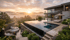 Modernes Haus mit Infinity-Pool bei Sonnenaufgang über nebligen Hügeln, Whirlpool und Feuerstelle im Vordergrund.